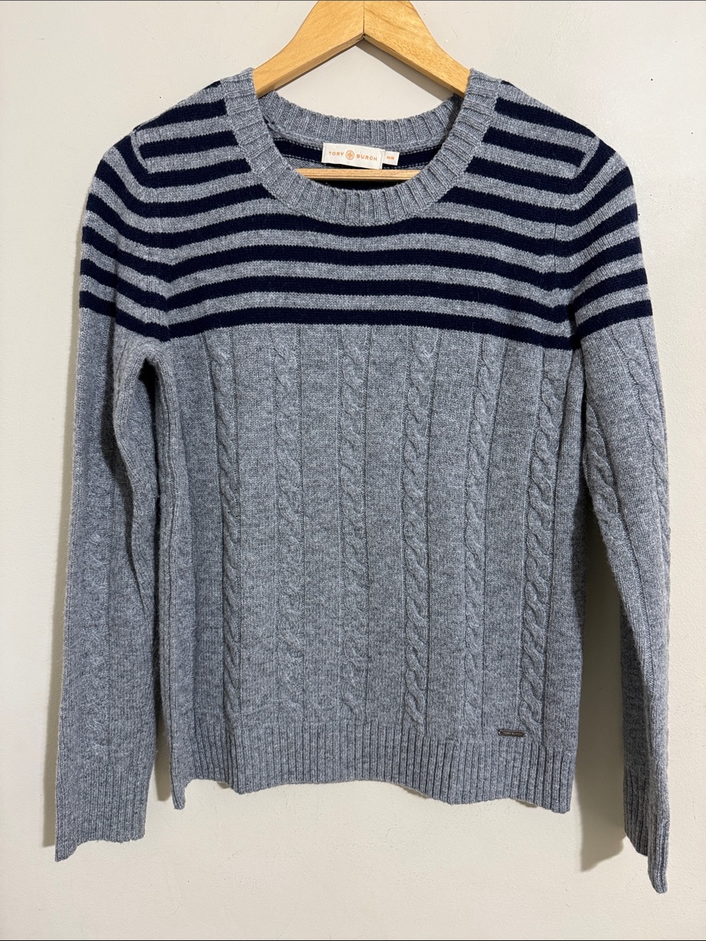Tory Burch Striped Cable Knit Wool Sweater Navy Gray M Preppy Old Money Classic